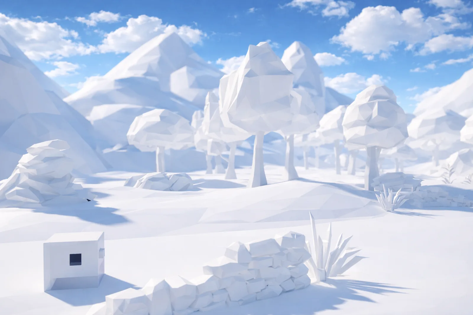 The world before the fracture: white, low-poly, silent.